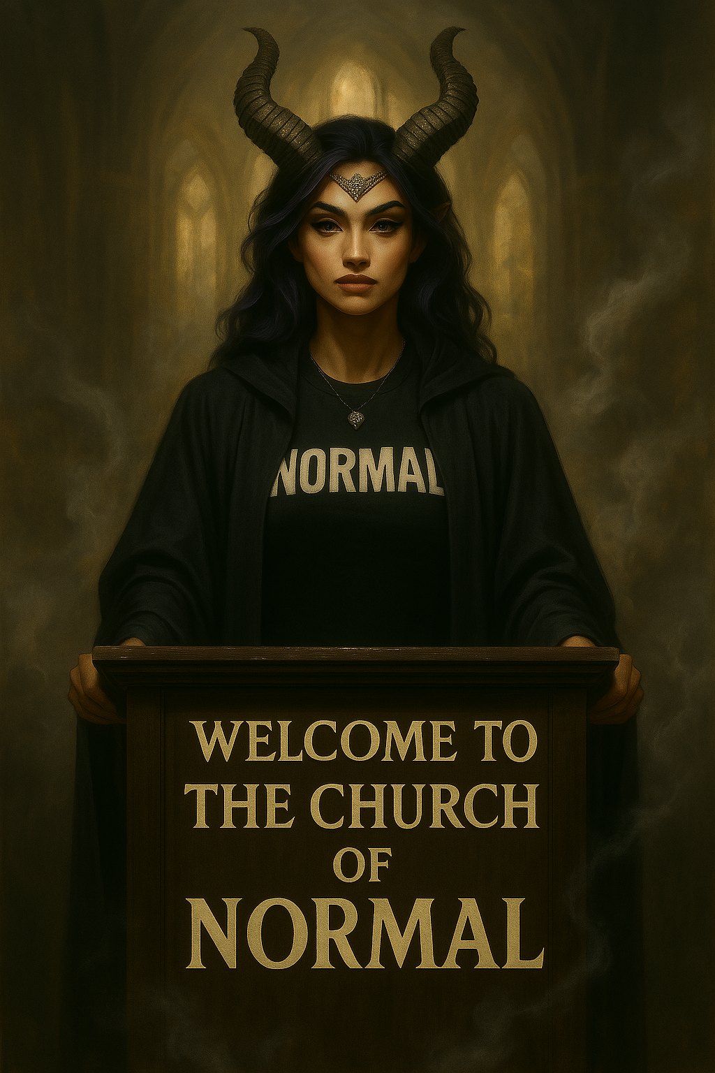 Painterly Welcome to the Church of NORMAL — horned Blu with circlet at the podium