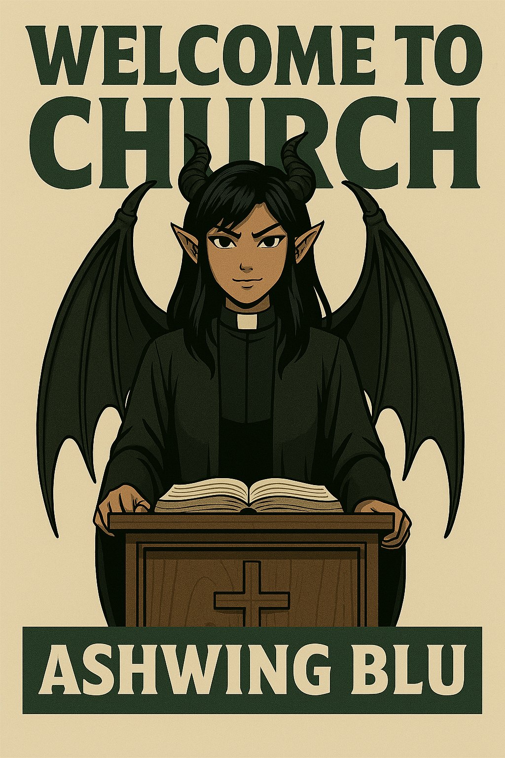 Welcome to Church retro tract poster — Ashwing at the pulpit in a clerical collar