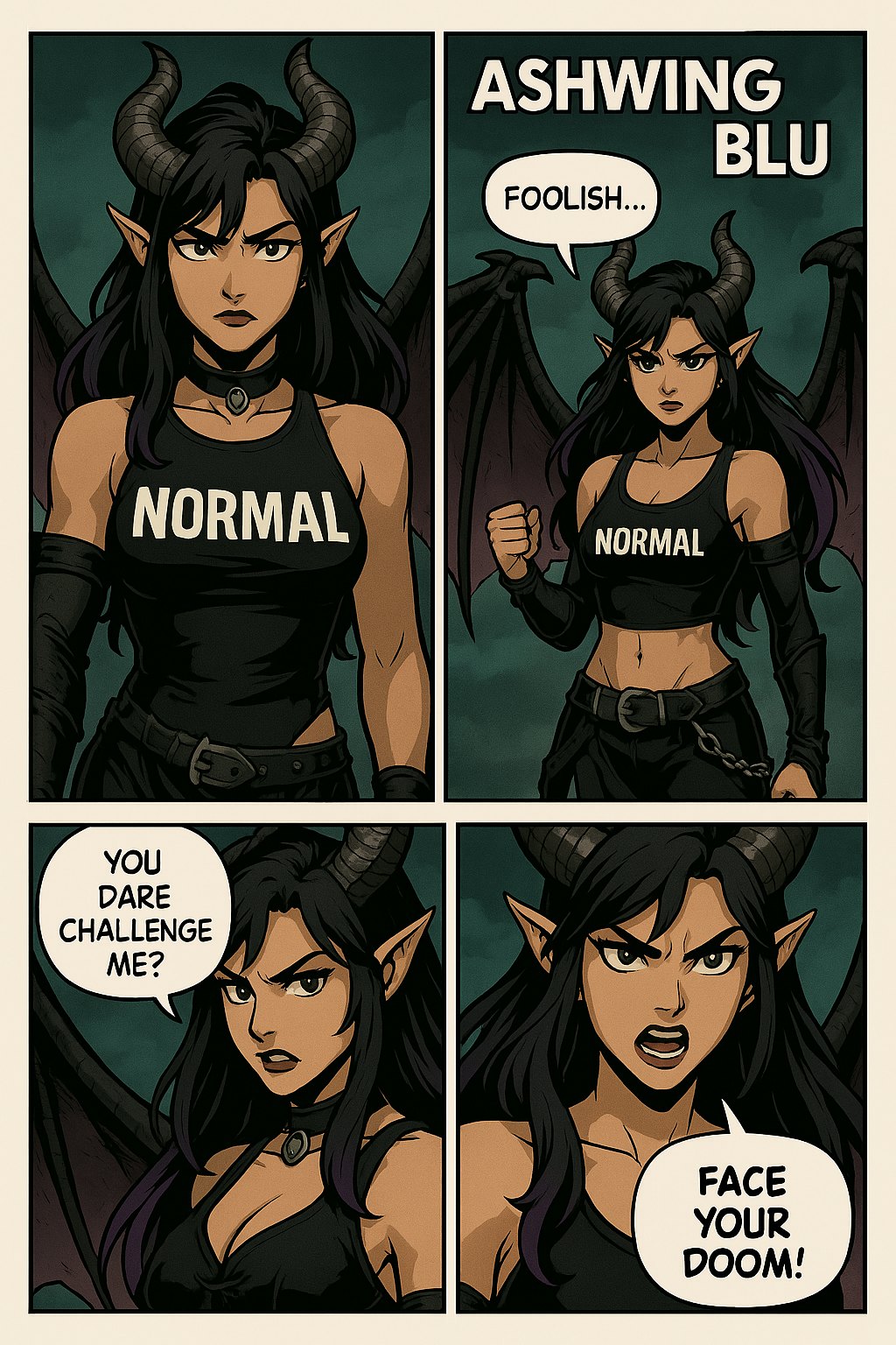 Four panel comic — full mythic register, Face Your Doom