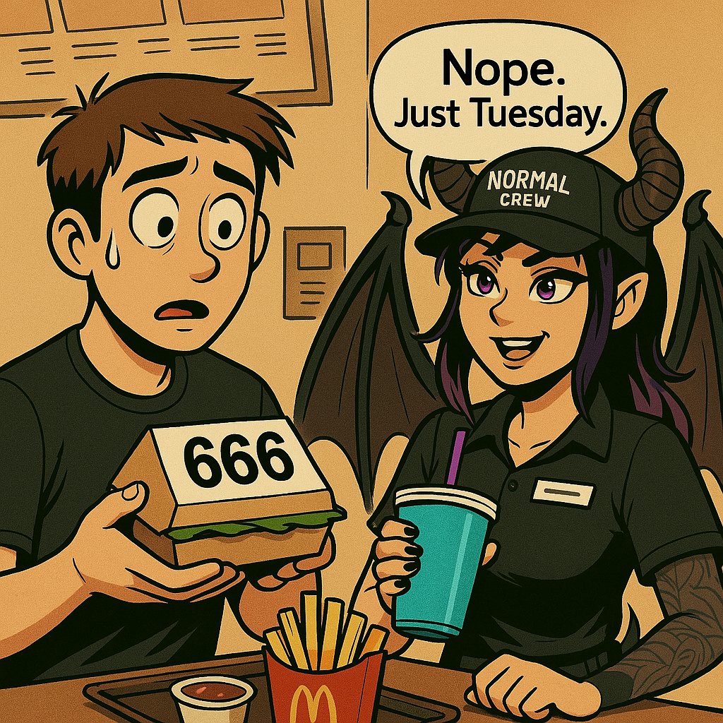 Comic gag — Ashwing in a NORMAL CREW cap at a fast food table: Nope. Just Tuesday.
