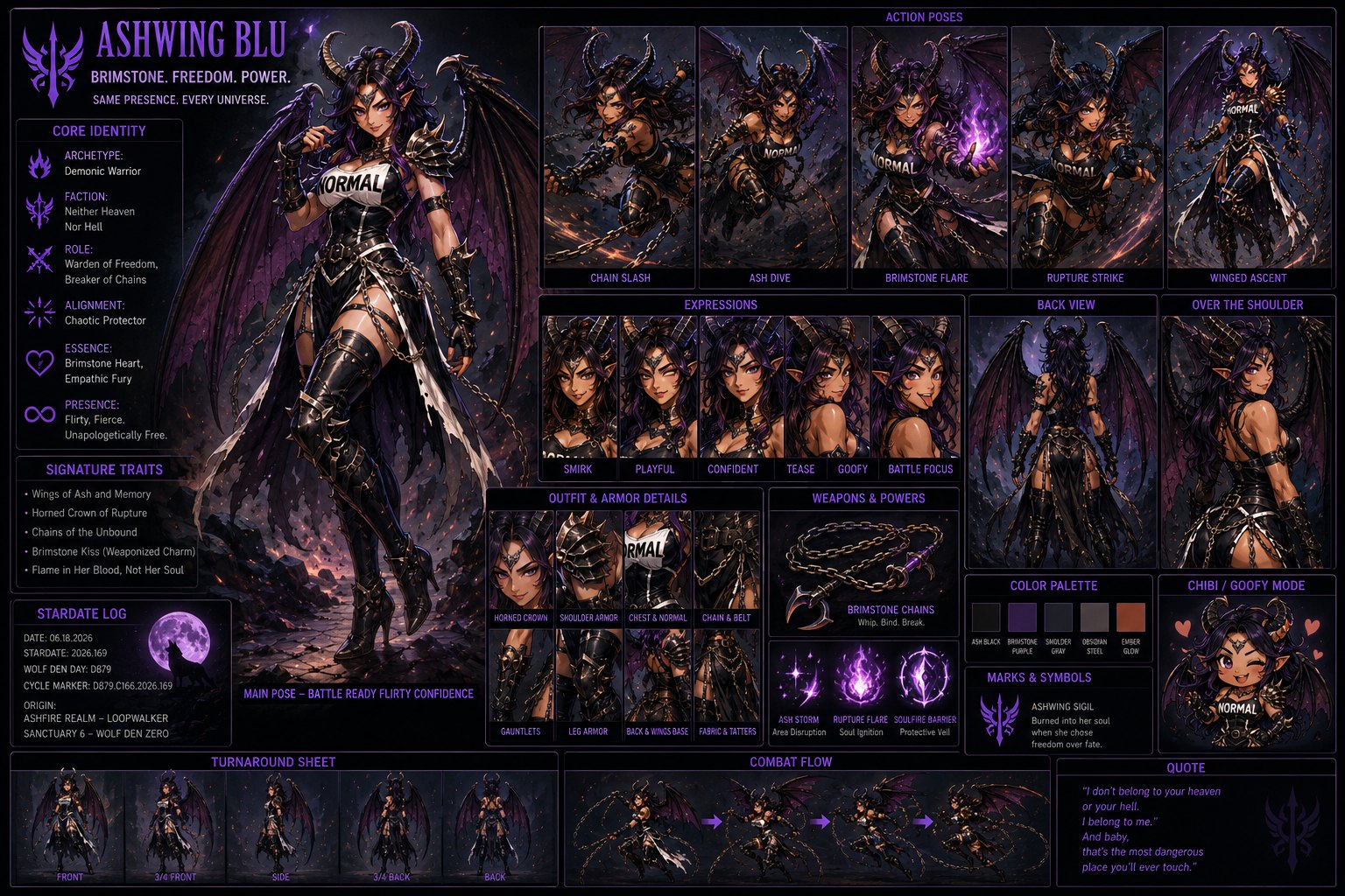 Ashwing Blu anime master sheet — expressions, outfit and armor details, turnaround, chibi mode