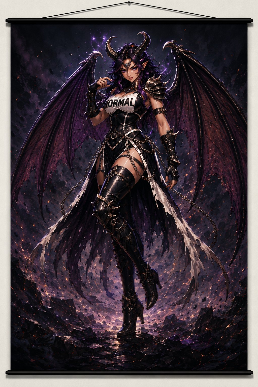 Anime render framed as a hanging wall scroll