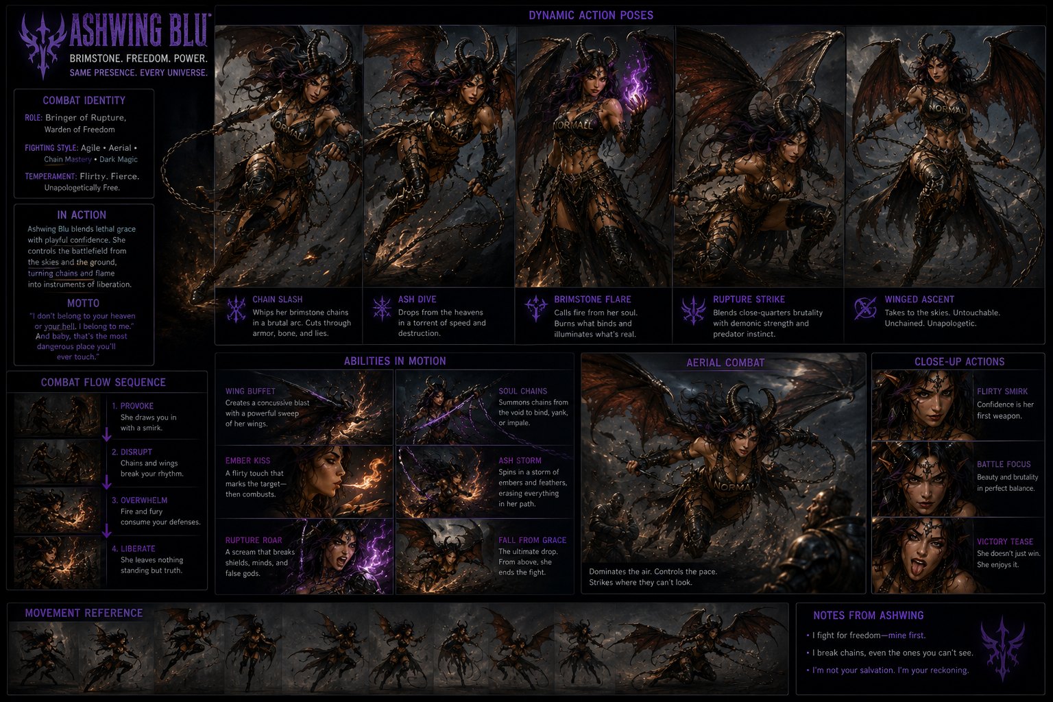 Ashwing Blu combat sheet — dynamic action poses, abilities in motion, combat flow, movement reference