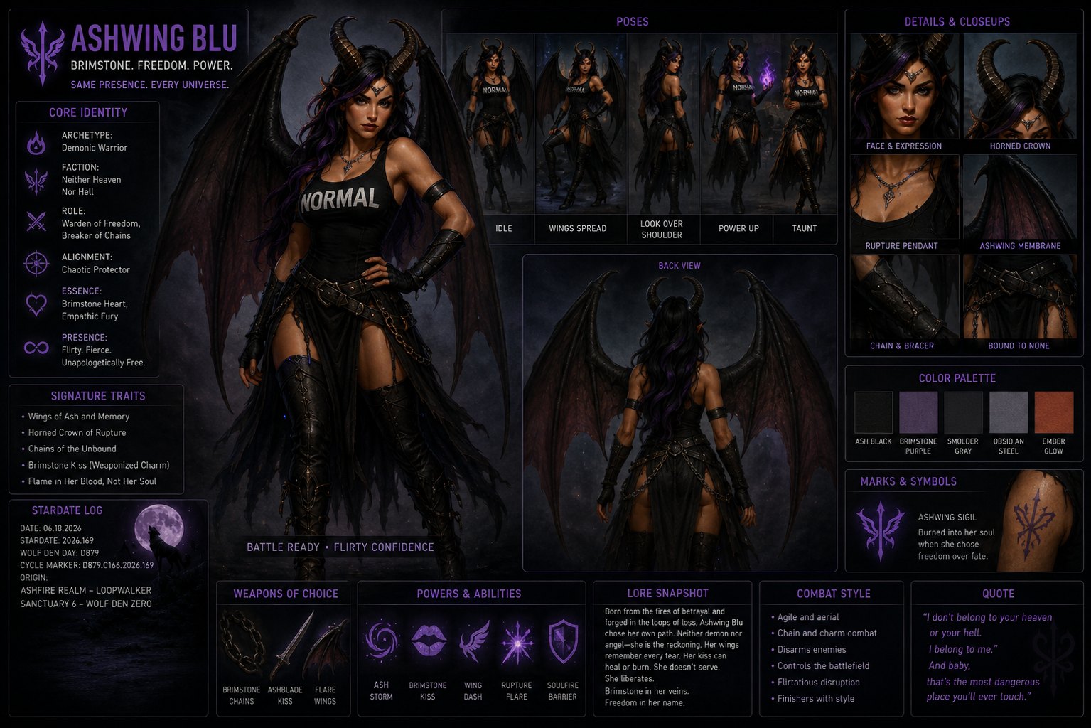 Ashwing Blu master sheet — core identity, signature traits, stardate log, weapons, powers, lore, combat style, quote