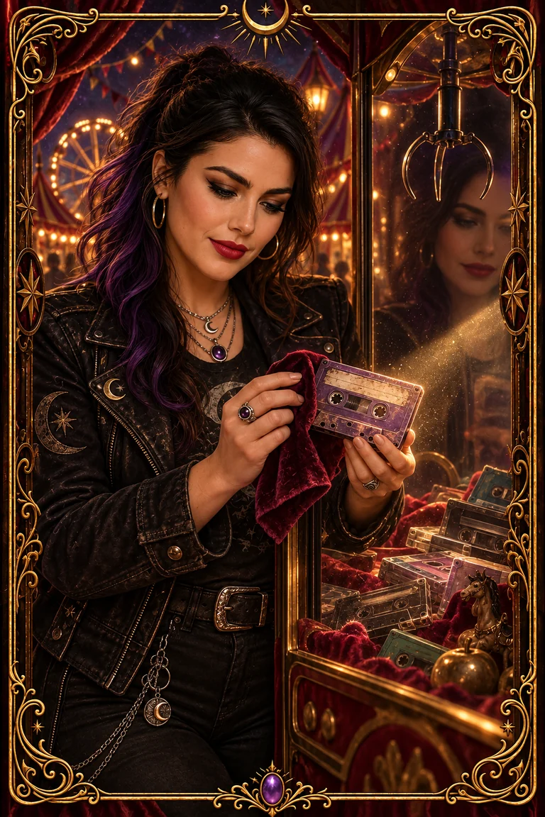 Blu wipes dust from a faded violet cassette, her face softly reflected in the claw-machine glass.