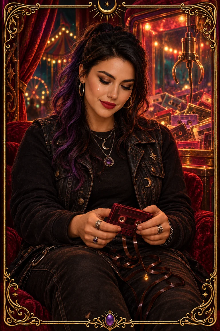 A tear rests on Blu’s cheek as her hands relax around a red cassette in her lap.