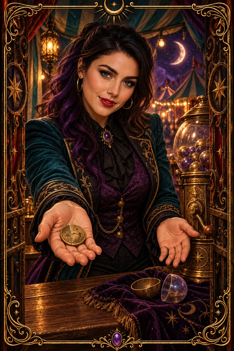 Blu offers a worn metal token on an open palm, with a thoughtful expression and an opened capsule nearby.