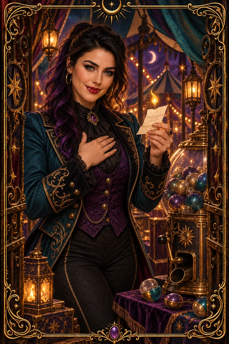 Blu unfolds a faded note beside a brass capsule machine, one hand over her chest and a small golden light above the paper.