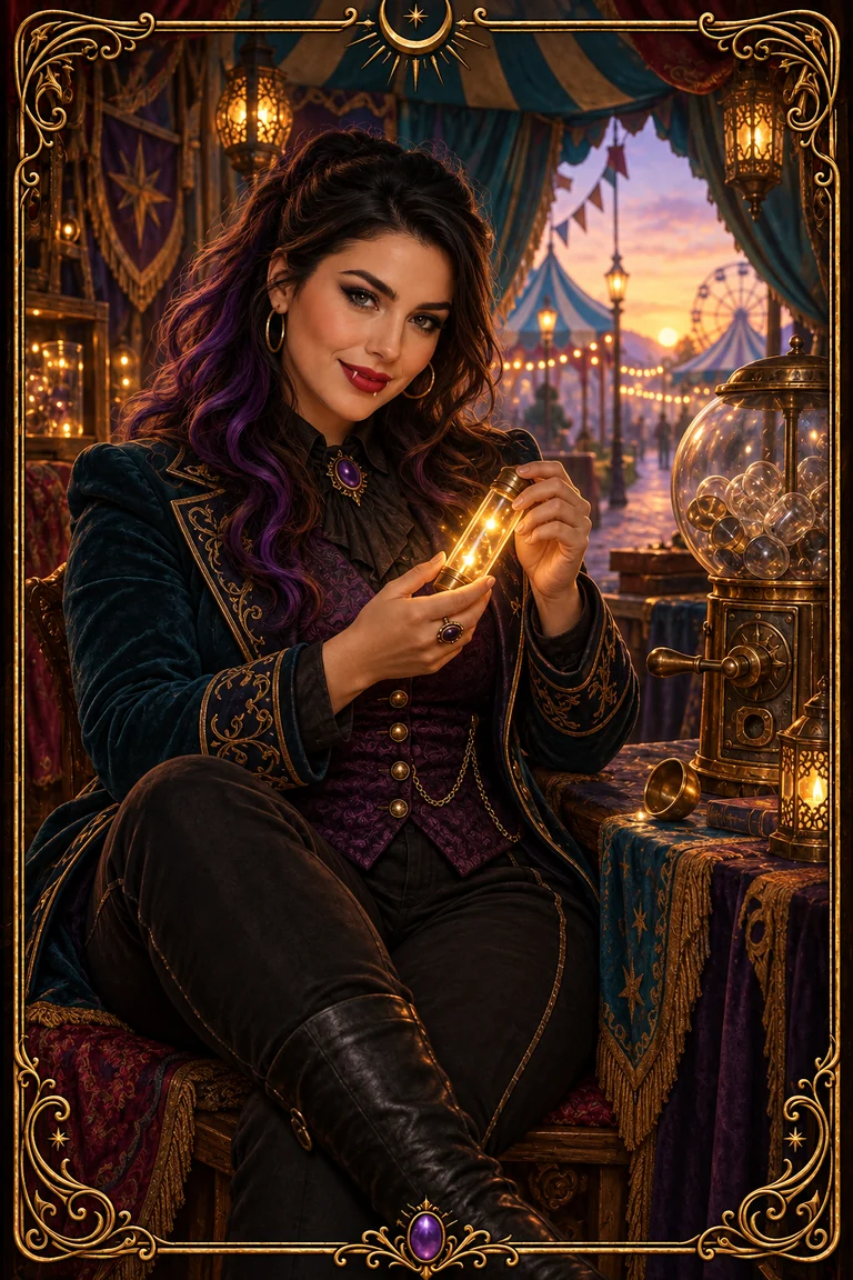 Blu cradles a small glowing glass vial in a quiet carnival corner, with an open tent exit behind her.