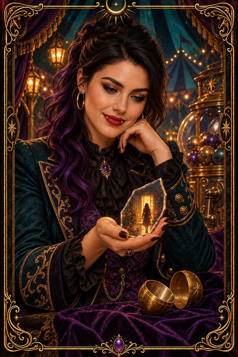 Trickster Blu holds a mirror shard showing a remembered figure at a doorway; an open brass capsule rests below.