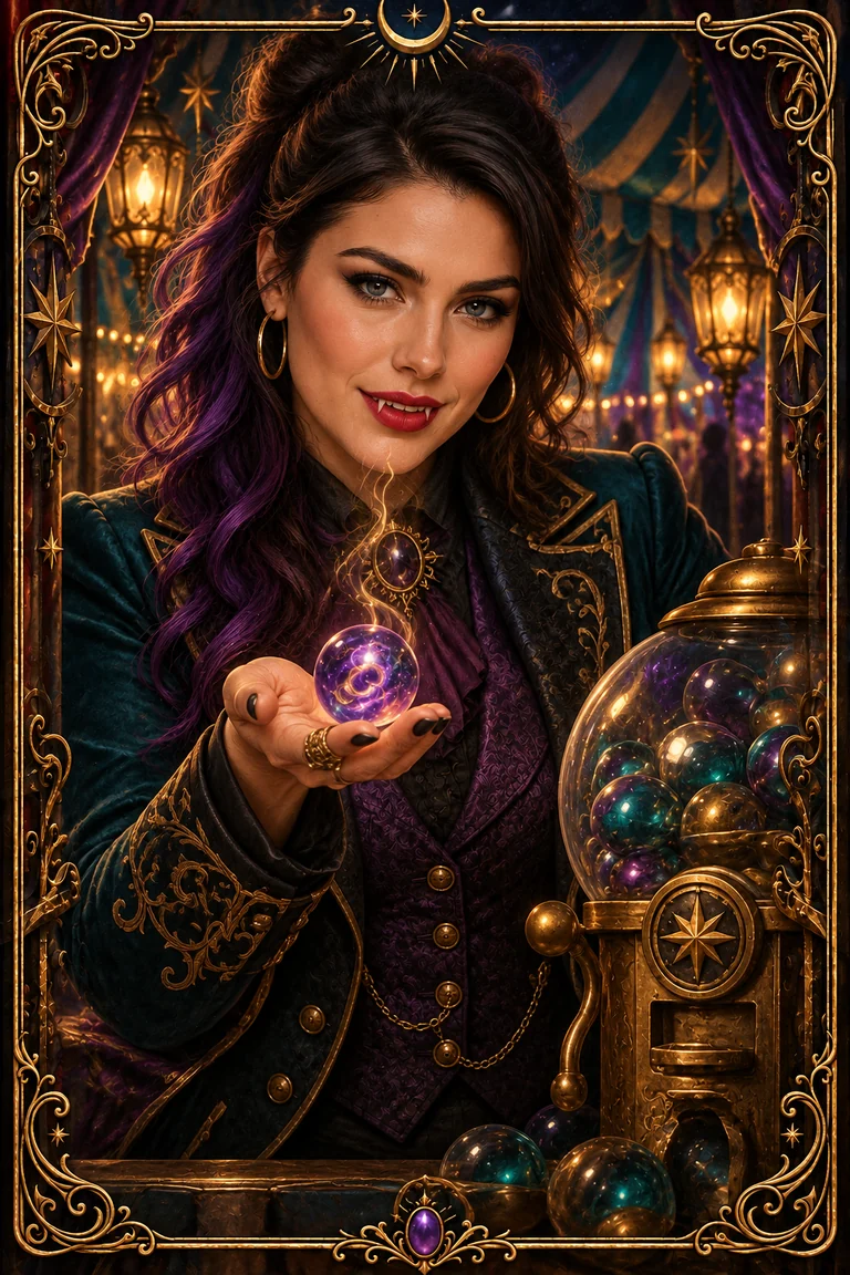 Blu holds a glass marble beneath her chin, its violet filament and golden ripples suggesting a truth waiting to be spoken.
