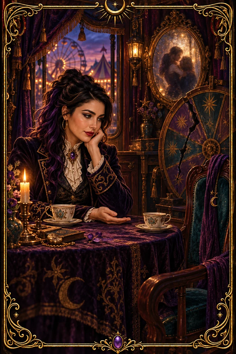 Blu sits beside an empty chair and a cup of tea, with a remembered embrace reflected nearby.