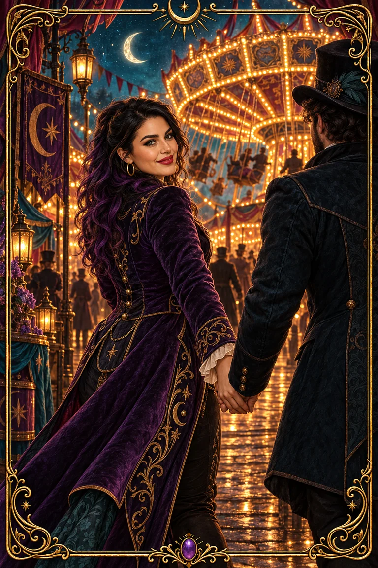 Blu walks hand in hand with a kind adult companion beneath warm carnival lights, looking back with a smile.
