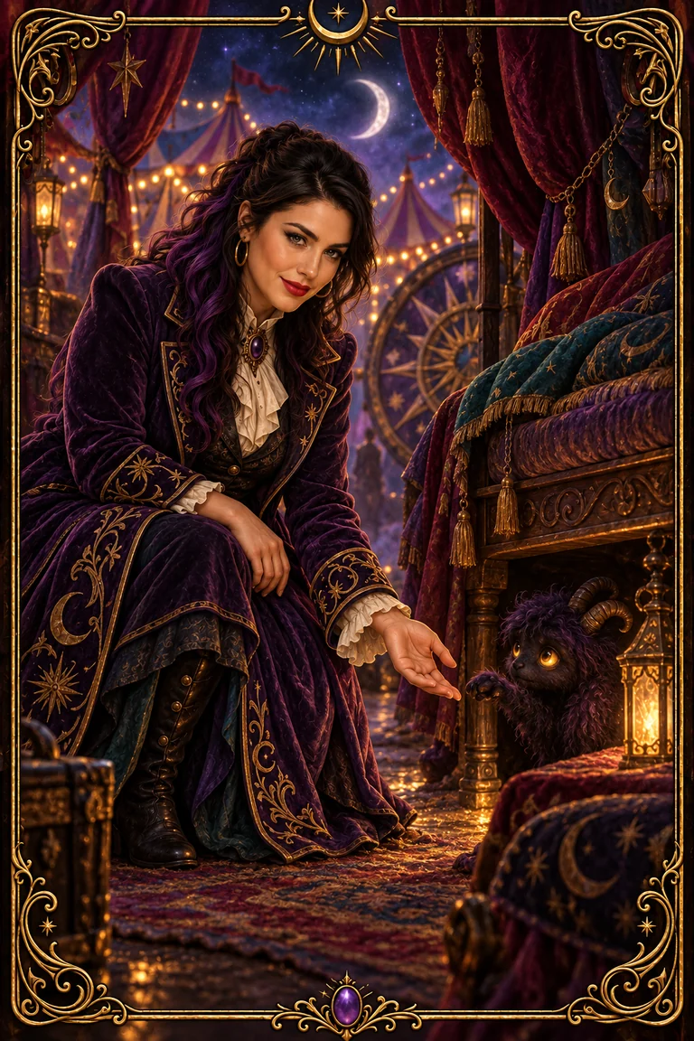 Adult Blu kneels beside a small lonely horned creature beneath a daybed, offering a gentle welcome.