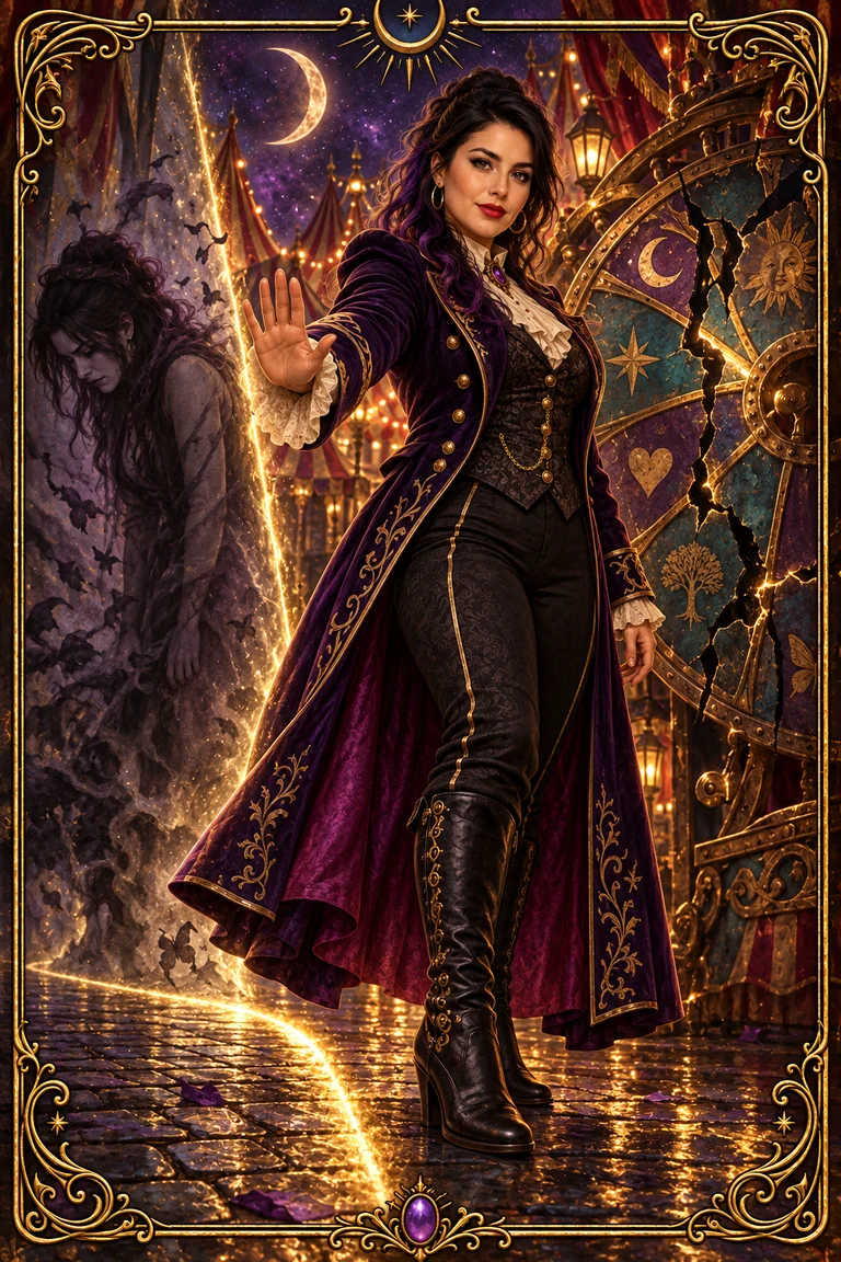 Trickster Blu raises a calm palm beside a cracked carnival wheel, with a shadow of an earlier self behind her.