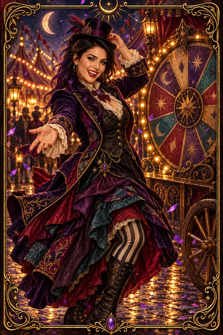 Blu dances joyfully in a patchwork carnival outfit, smiling with small fangs.