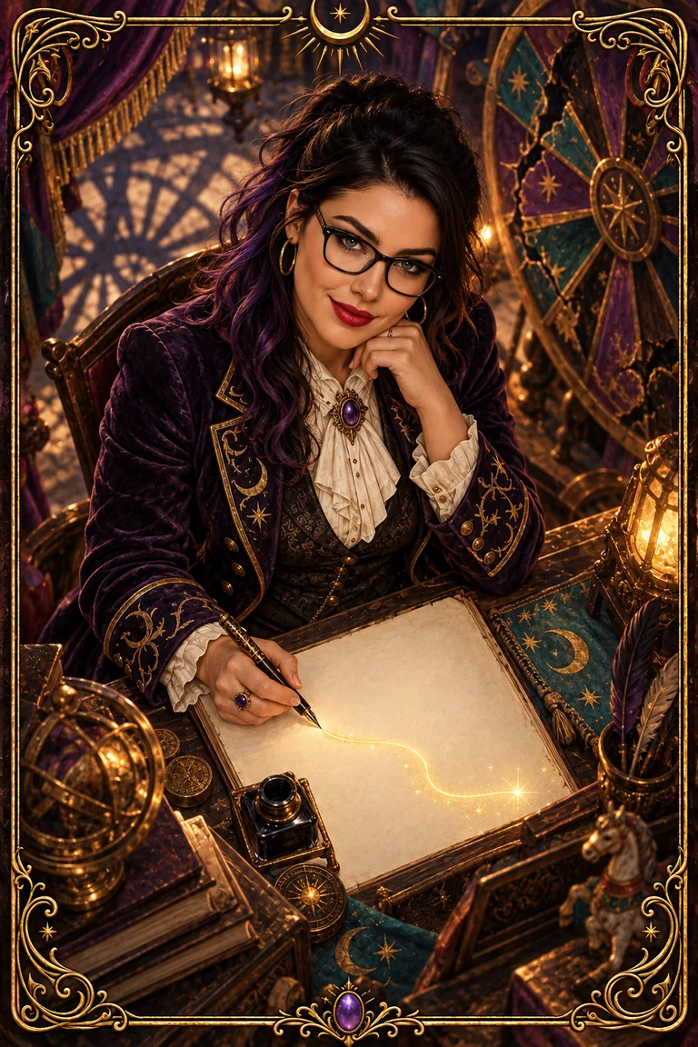 Blu, wearing glasses, considers a blank page and a golden line waiting to become a story.
