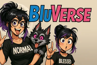 BluVerse 2025 banner two blus puppy malak