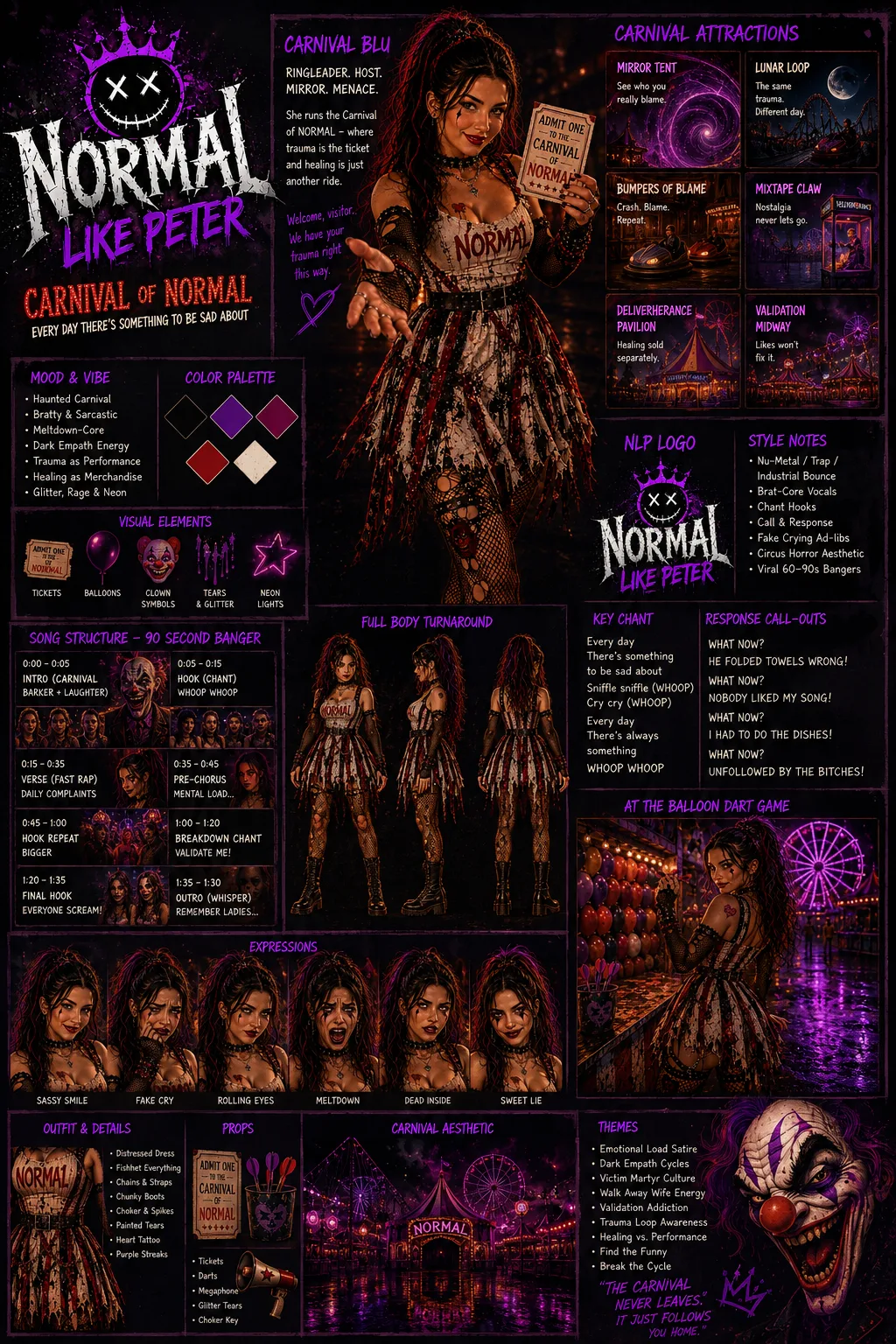 Carnival Blu ringleader sheet showing the host, expressions, NORMAL signs and attractions.