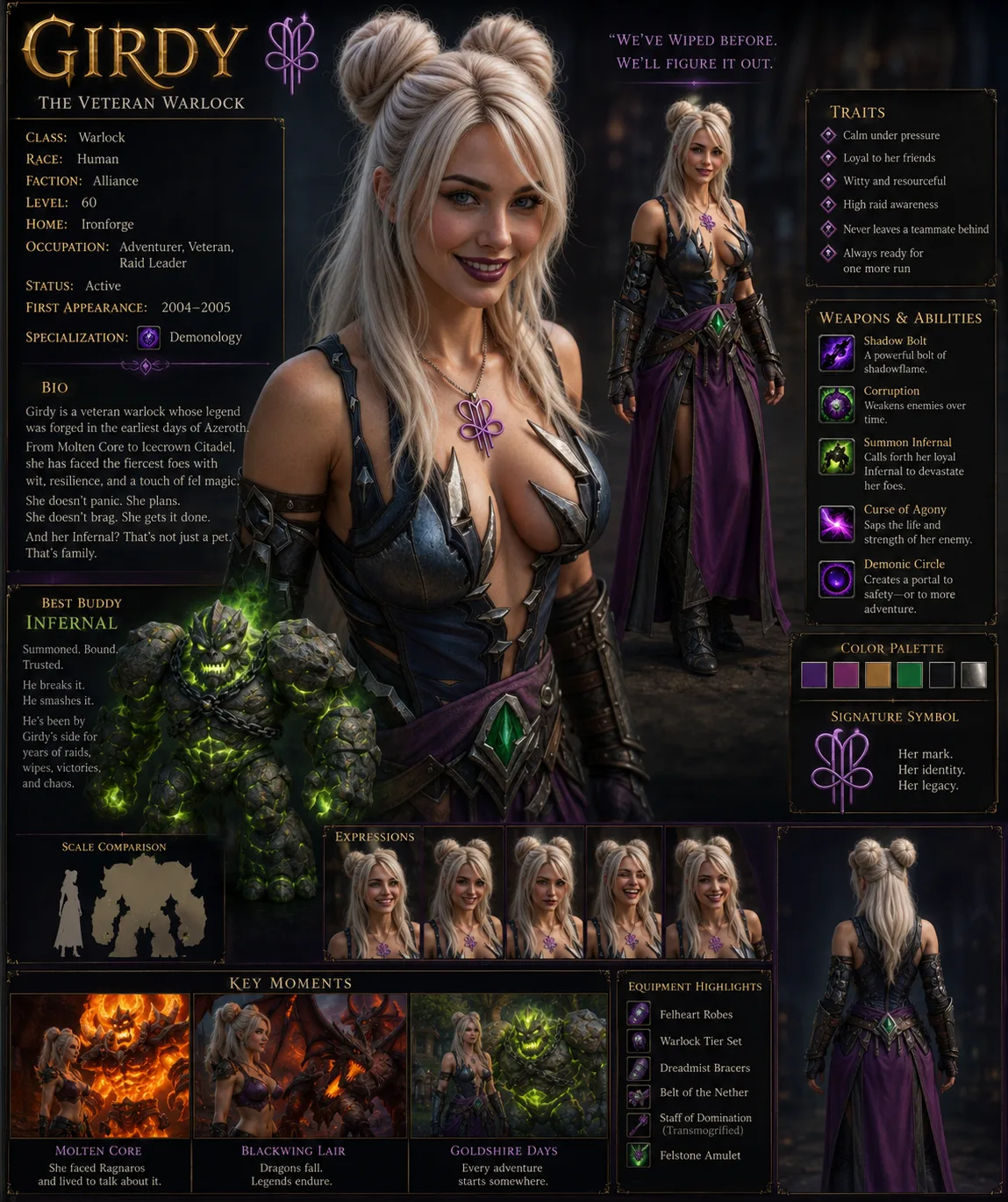 Girdy’s sheet with silver-white hair, warlock equipment, expressions and an Infernal companion.