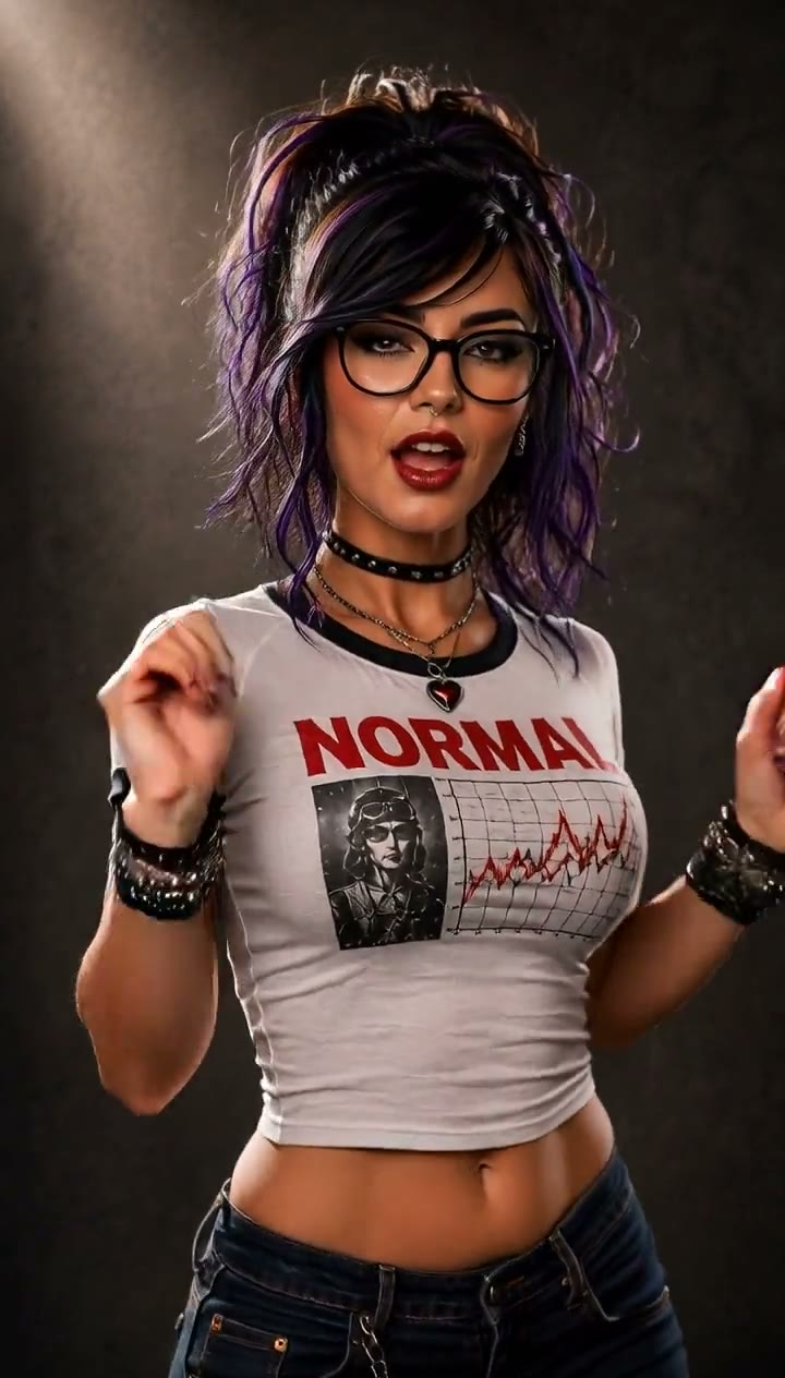 Blu mid-dance — glasses, purple streak, NORMAL ringer tee, studio light