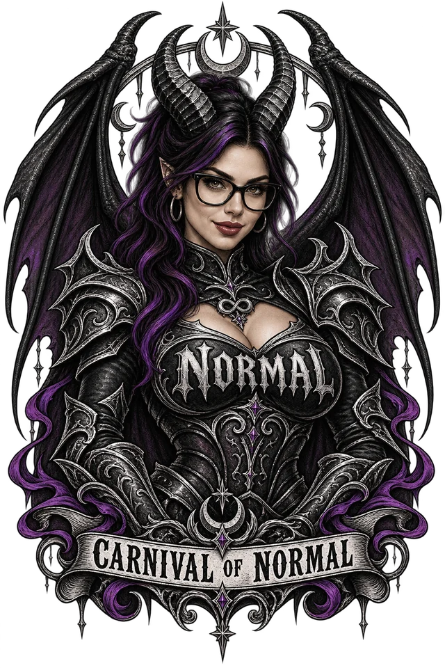 Blu wearing bold black glasses, curled horns and bat wings, with silver-engraved black armor and gothic NORMAL lettering across the breastplate.