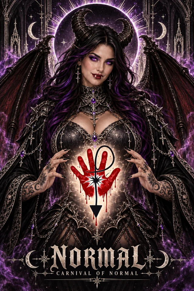 Winged Blu with glowing violet eyes and small fangs holds the red handprint Acceptance Sigil, with its black loop, starburst and downward arrow.