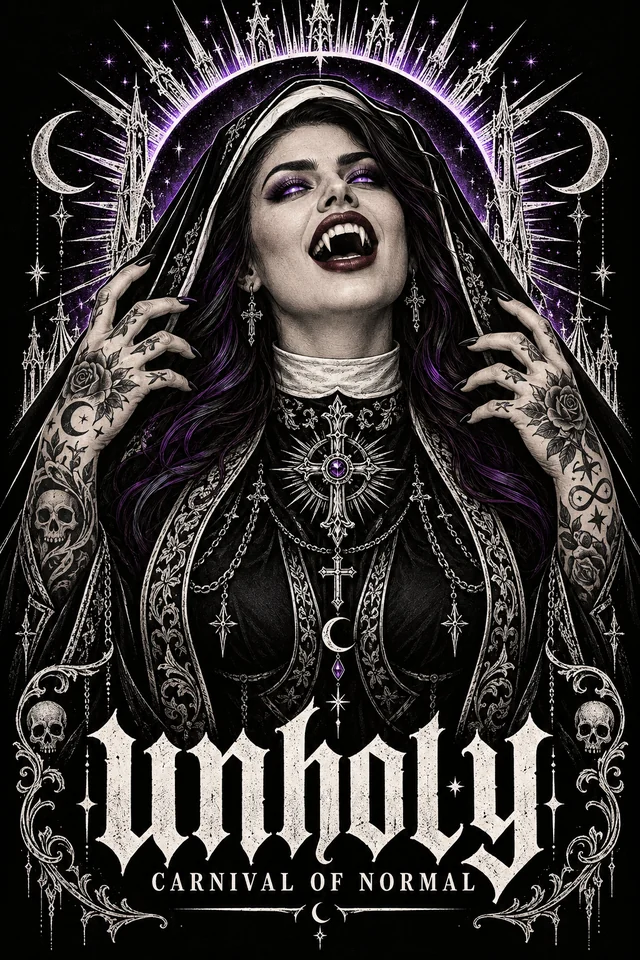 Blu in an embroidered gothic nun's veil, laughing with vampire fangs exposed, violet eyes glowing and tattooed hands raised beside her face.
