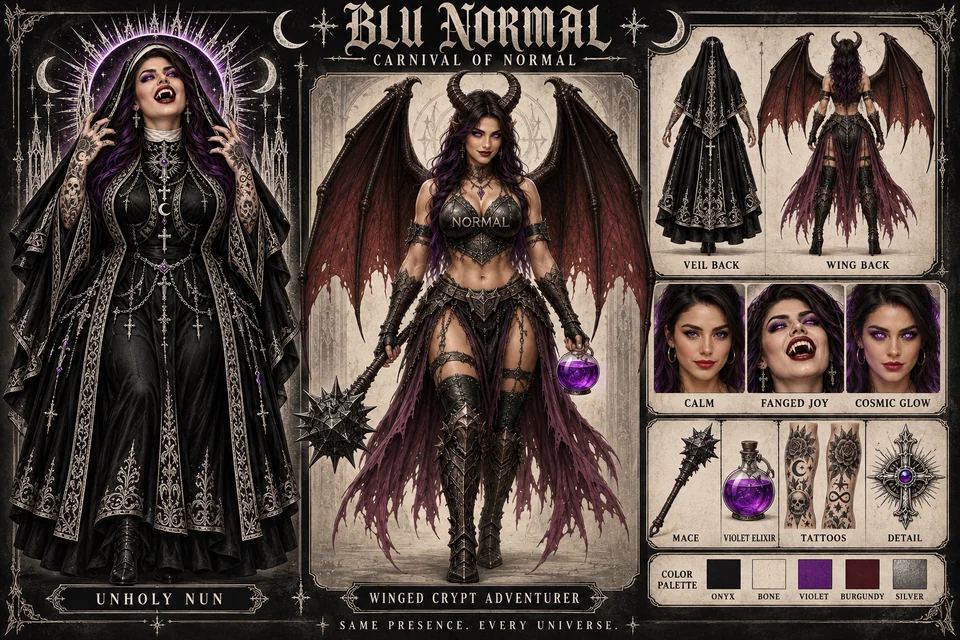 Blu's character sheet pairs full-body Unholy Nun and Winged Crypt Adventurer forms with back views, calm and fanged expressions, mace, violet elixir, tattoos and color palette.