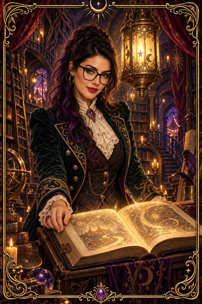Blu Normal, with bold black glasses and a purple hair streak, opens a glowing book beneath the carnival lanterns.