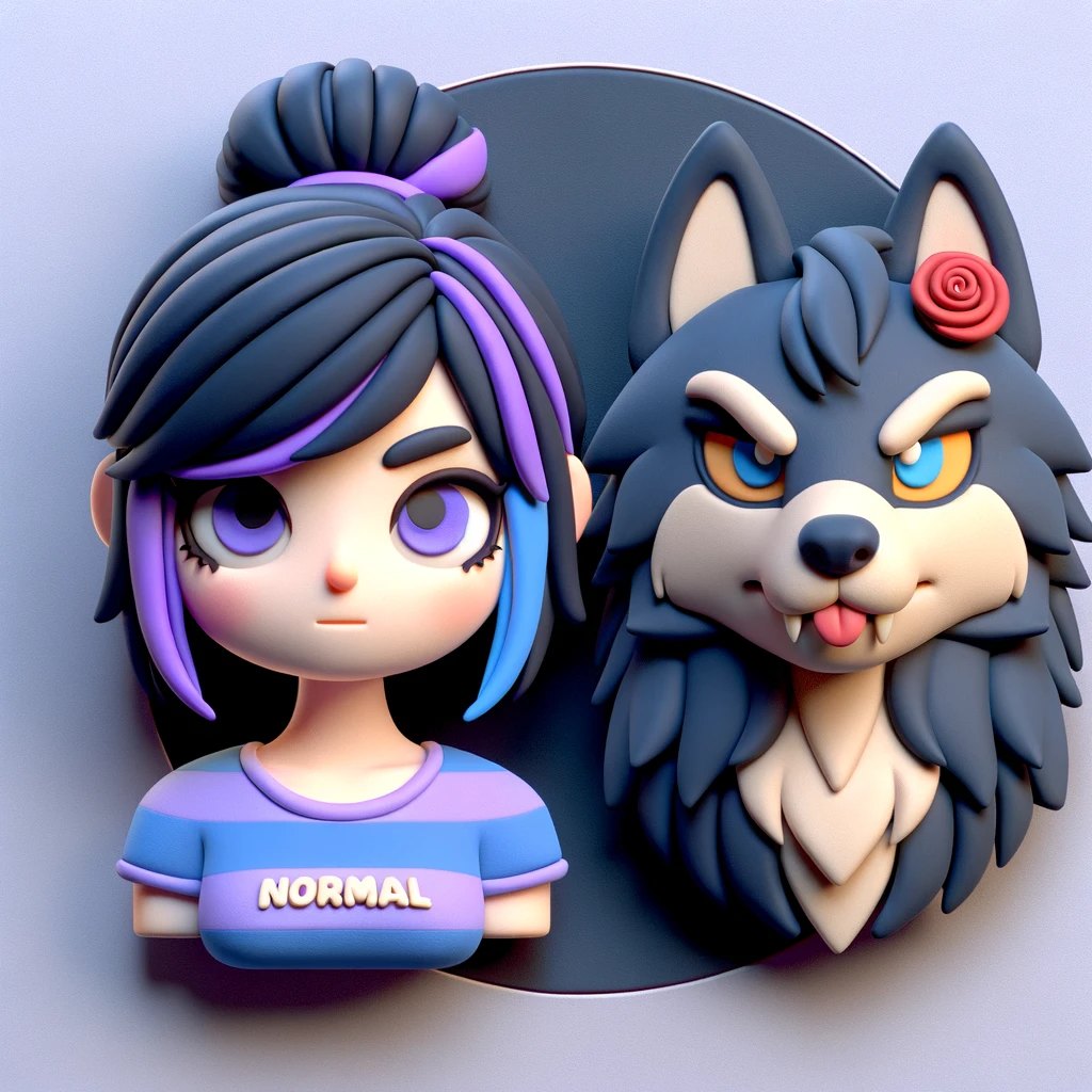 A 3D clay-style icon pair: chibi Blu with black and purple hair beside a clay wolf head with one blue eye, one amber eye, and a red rose in its fur