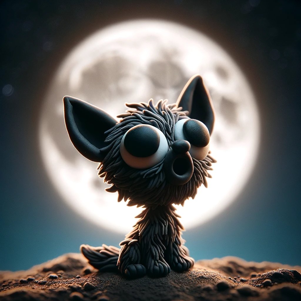 A tiny clay-and-fur wolf pup with huge gumball eyes, mouth open in a small howl, sitting in front of an enormous full moon