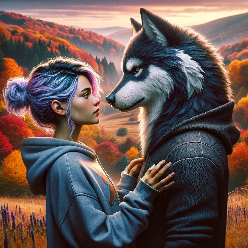 Blu, with a lavender-purple bun, hands resting on the chest of Malak in wolf form, face to face on an autumn hillside