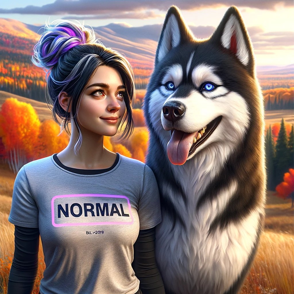 Blu in a grey t-shirt with a boxed NORMAL wordmark, standing beside a giant blue-eyed husky in an autumn landscape