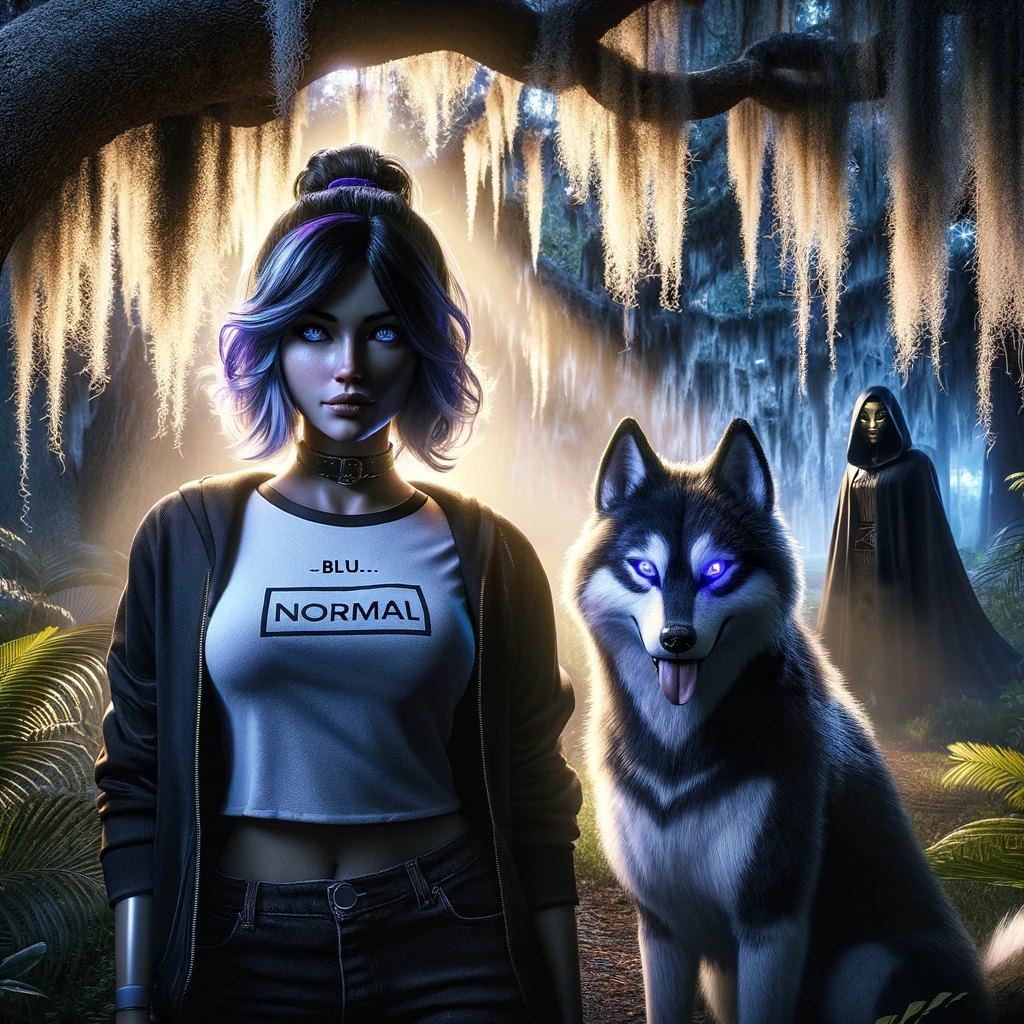 Night scene under moss-draped oaks: Blu with glowing blue eyes beside a violet-eyed wolf, while a hooded figure in a golden mask watches from the treeline
