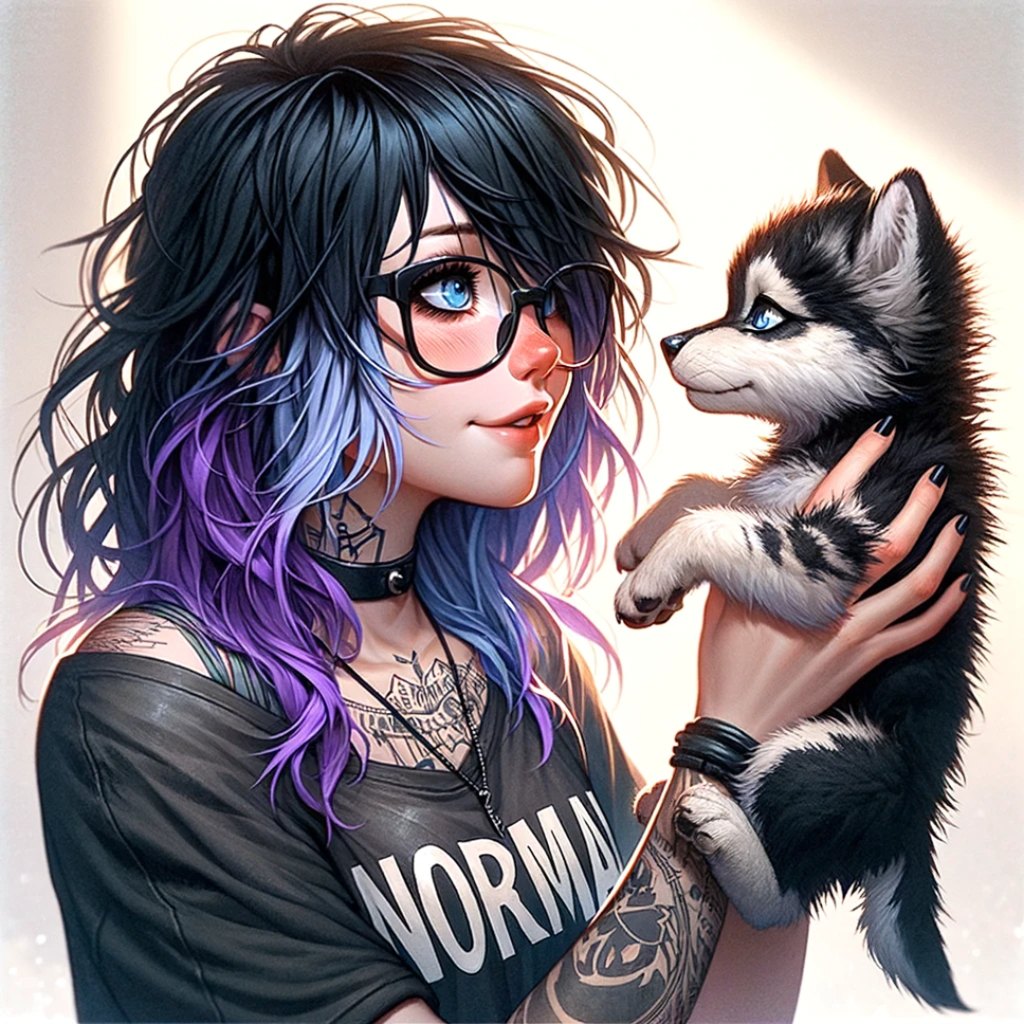Blu with big bold black glasses, messy black hair fading to purple and lavender, holding a tiny husky puppy up to her face