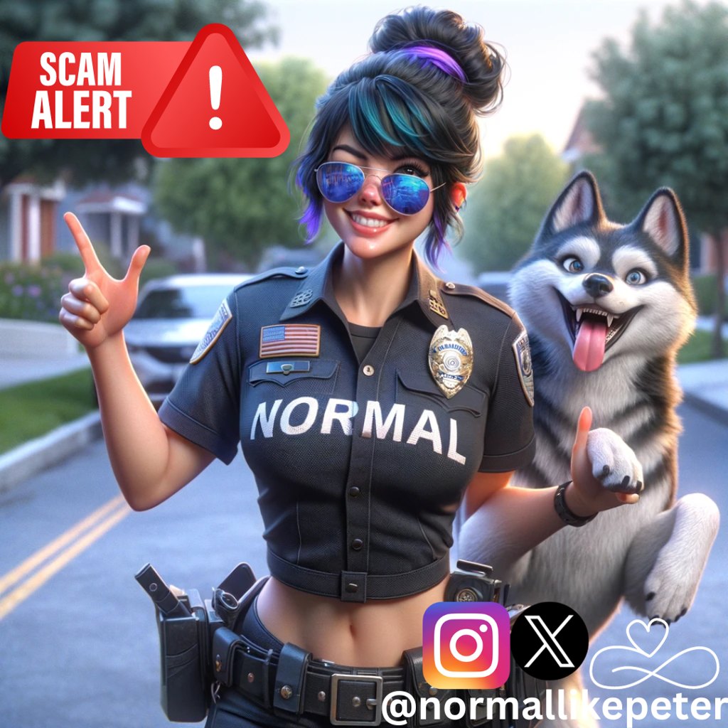 Finished social media graphic: Cop Blu in a NORMAL police shirt with aviators and a husky pup on her shoulder, a red SCAM ALERT badge, social icons, and the @normallikepeter handle