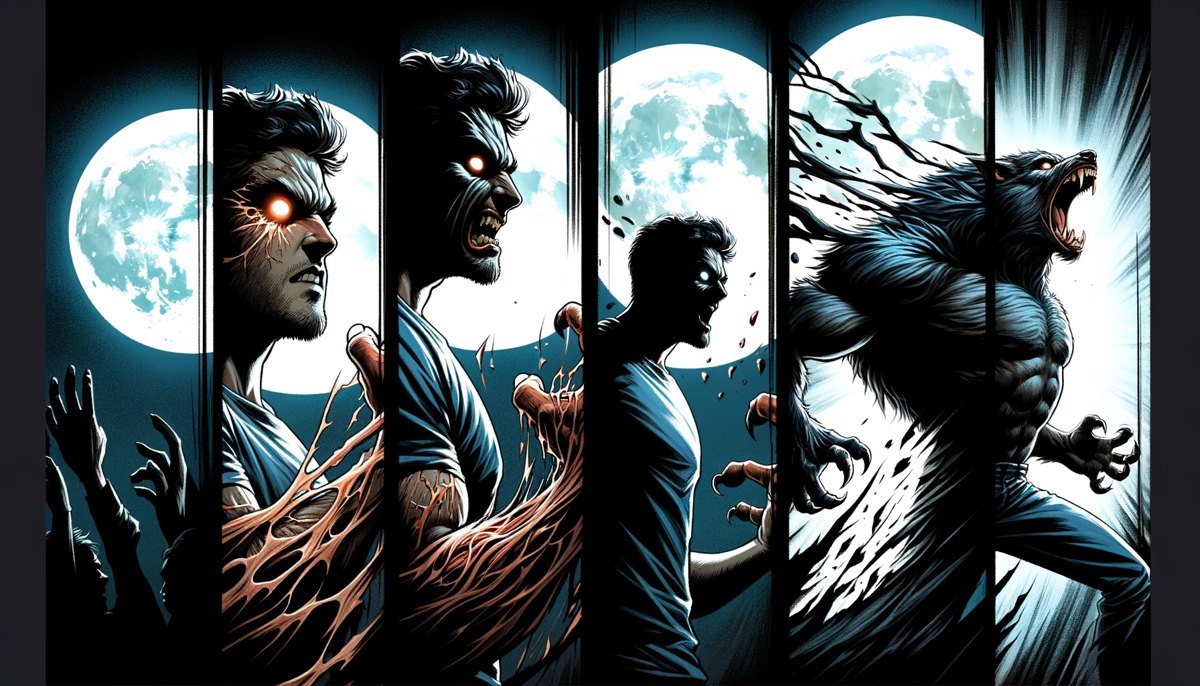 Four slash-cut comic panels under a full moon: a man's face cracking with glowing light, fangs emerging, claws forming, and a full werewolf roaring