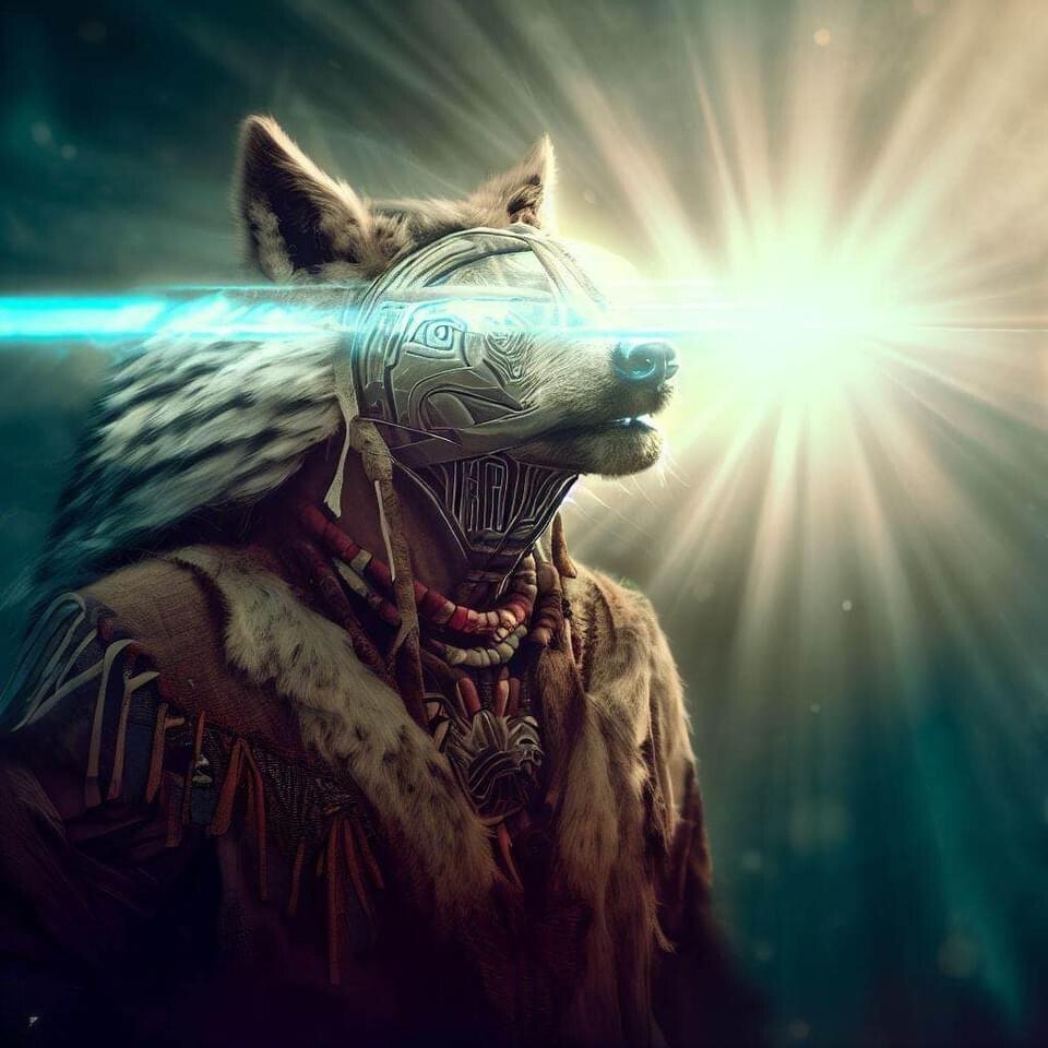 A wolf-headed figure in Native regalia — fringed hide, bead necklaces, a carved mask — with a beam of light crossing its eyes and a sunburst behind