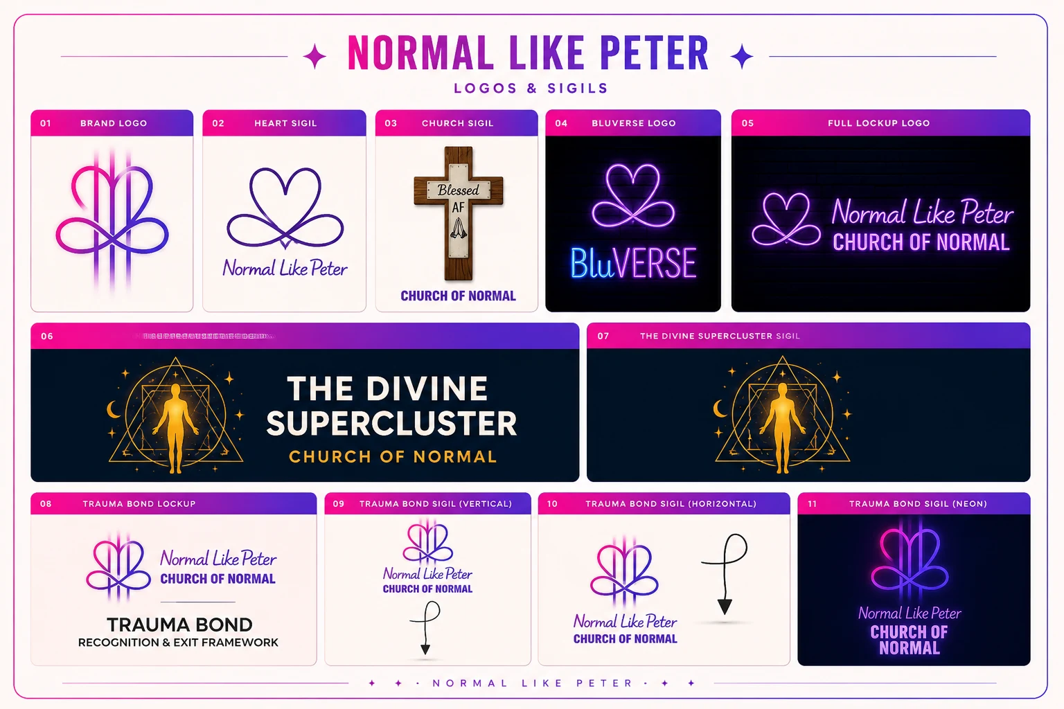 Collected Normal Like Peter, BluVerse, Church of NORMAL and Divine SuperCluster marks.