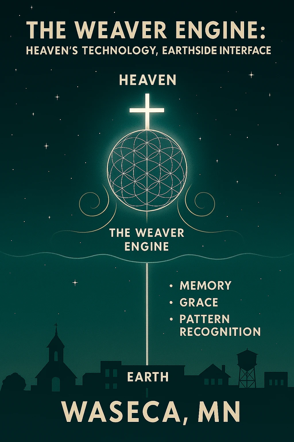 Founding poster connecting Heaven, a woven sphere and Waseca, carrying Memory, Grace and Pattern Recognition.