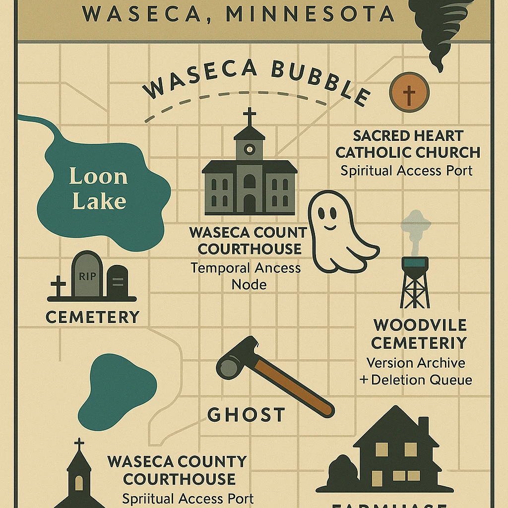 Fictional Waseca map with a bubble boundary, lake, church, courthouse, cemetery, ghost and tornado.