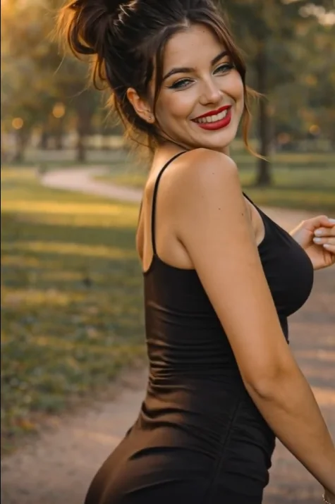 Model in a black dress laughing over her shoulder in a golden park