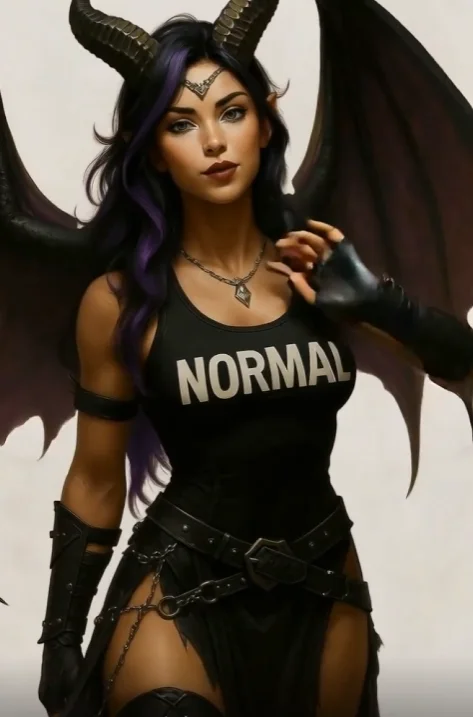 Succubus Blu in dark armor — horns, wings, NORMAL tank, silver circlet