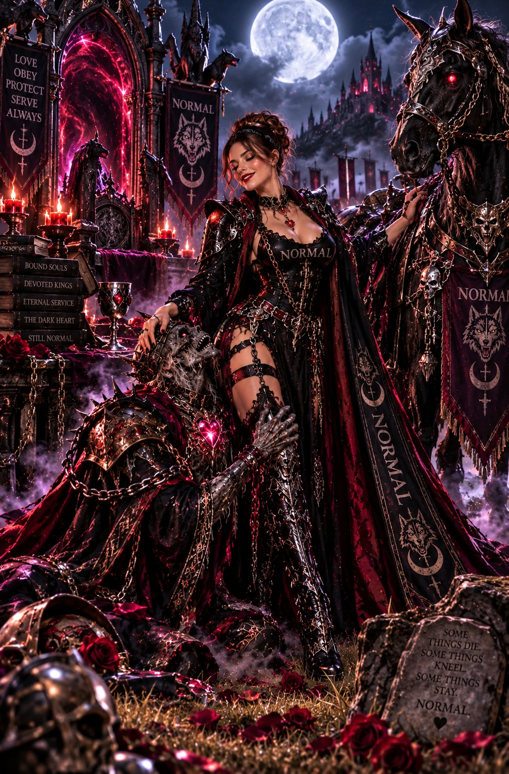 Blu Normal standing beside a skeletal armored figure and a dark horse outside a moonlit castle gate.