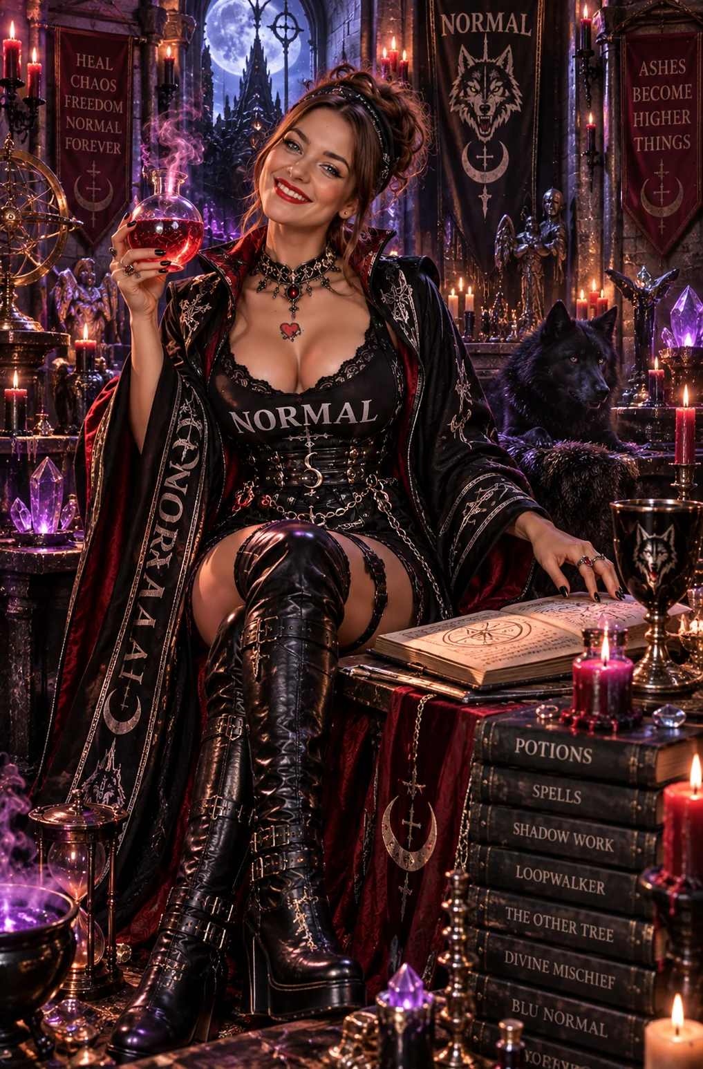 Blu Normal holding a red potion beside a black wolf, books, candles, and purple crystals.