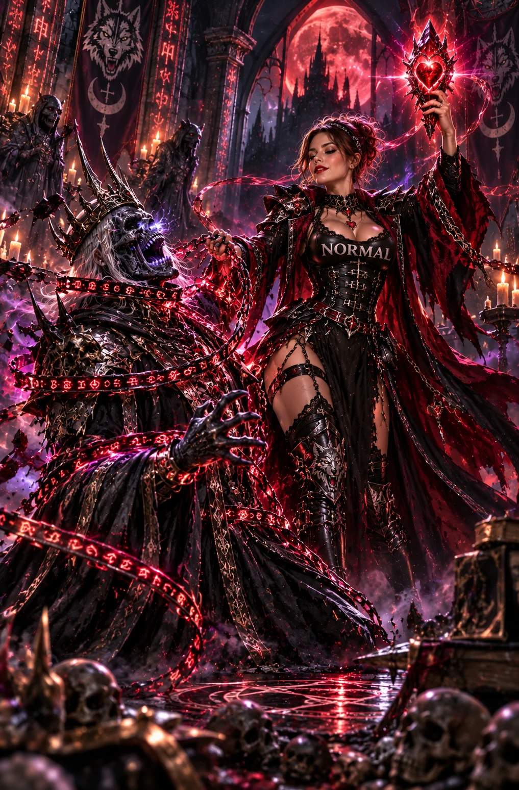 Blu Normal holding a glowing heart-topped staff beside a kneeling armored skeletal figure wrapped in crimson magical bands.