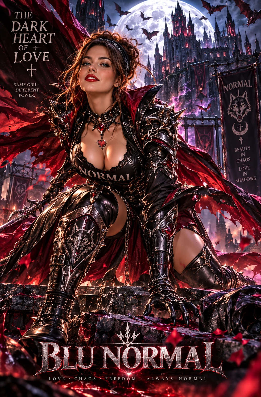 Blu Normal in black armor and a red cloak before a moonlit castle, with The Dark Heart of Love and Blu Normal poster lettering.
