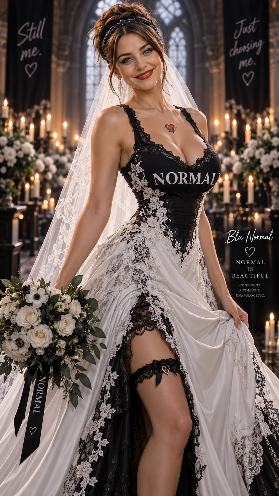 Blu Normal smiling in a black-and-white wedding gown, veil, and heart tattoo, holding white roses in a candlelit hall.