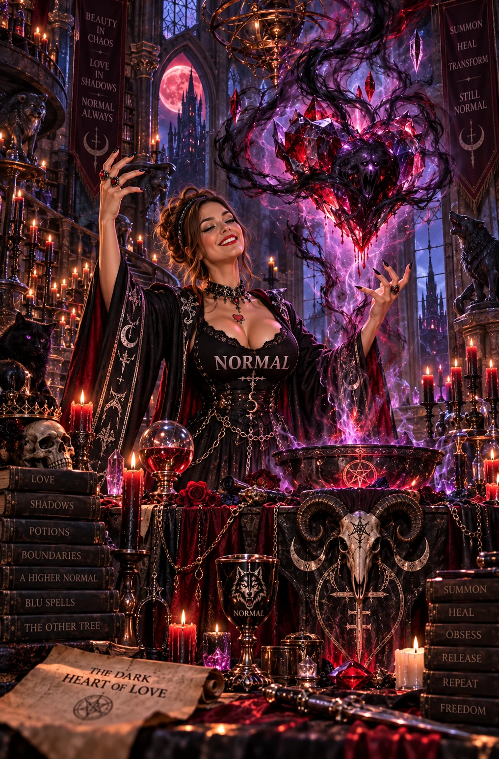 Blu Normal raising her hands toward a floating crimson crystal heart above a cauldron, surrounded by violet magic.